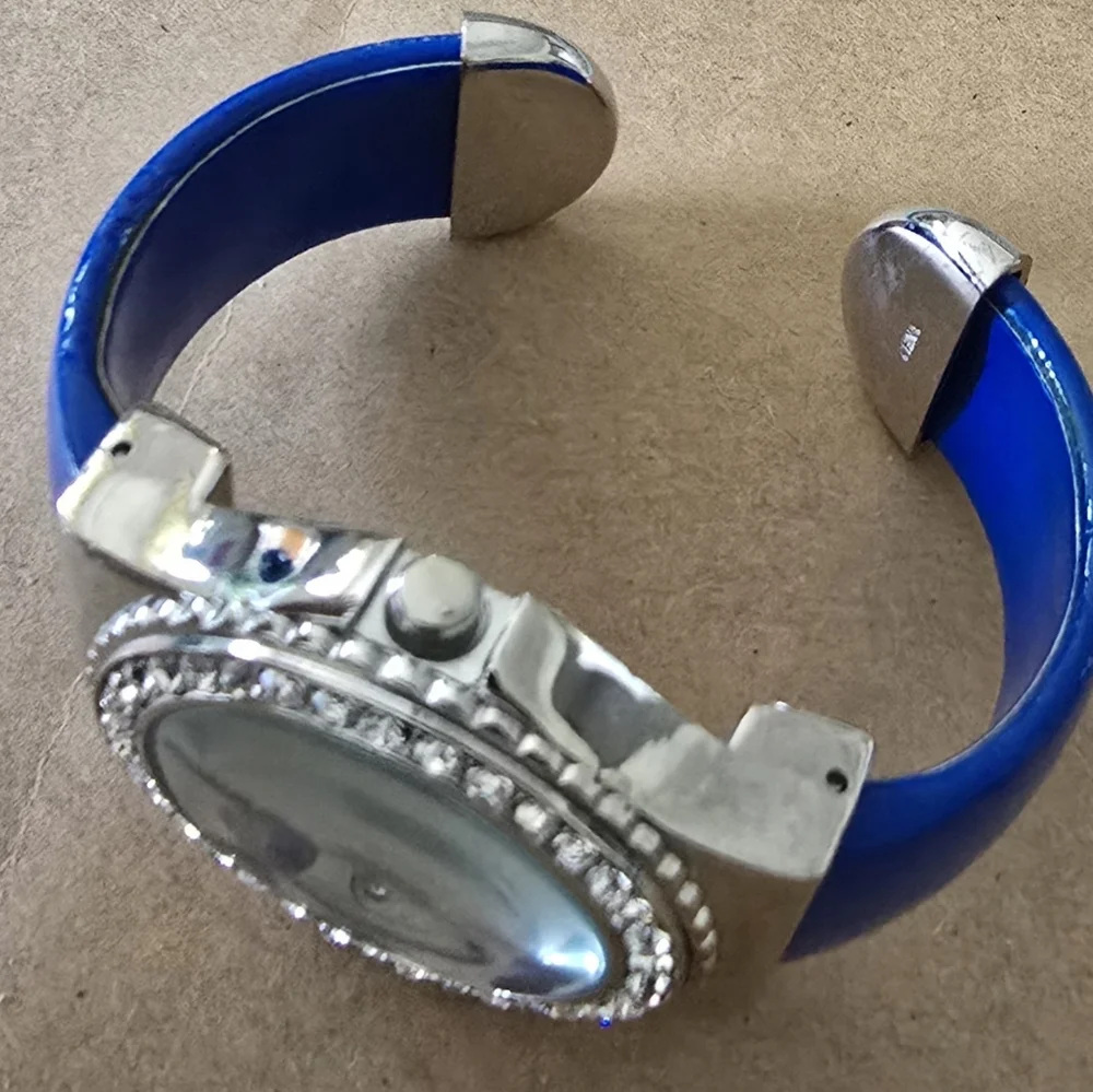 Accutime Rhinestone Ladies Silver Tone Blue Cuff Band Watch Working